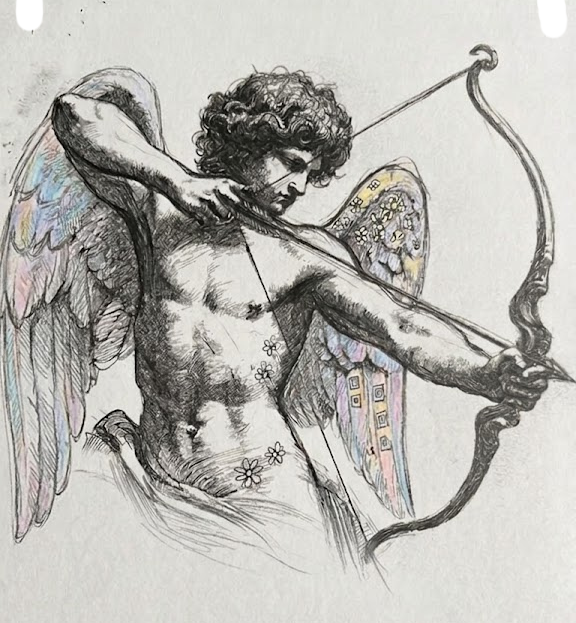 Hand-drawn Cupid drawing a bow, with pastel-coloured wings