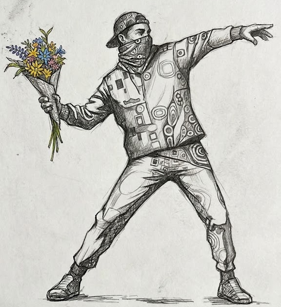 Hand-drawn figure in patterned clothing throwing a bouquet of pastel flowers