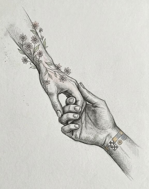 Hand-drawn study of two hands reaching for one another, one arm wreathed in flowers