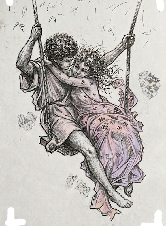 Hand-drawn couple on a swing in flowing pastel-coloured clothing