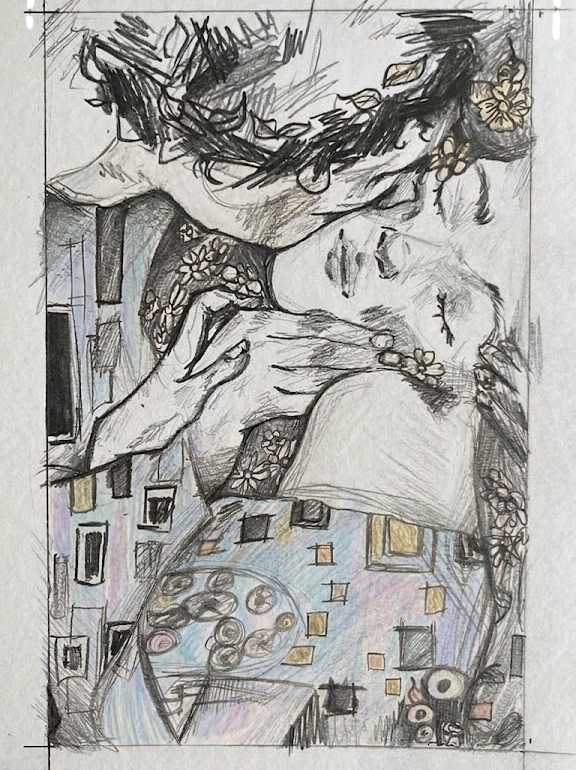 Hand-drawn study of Klimt's The Kiss in graphite with pastel colouring