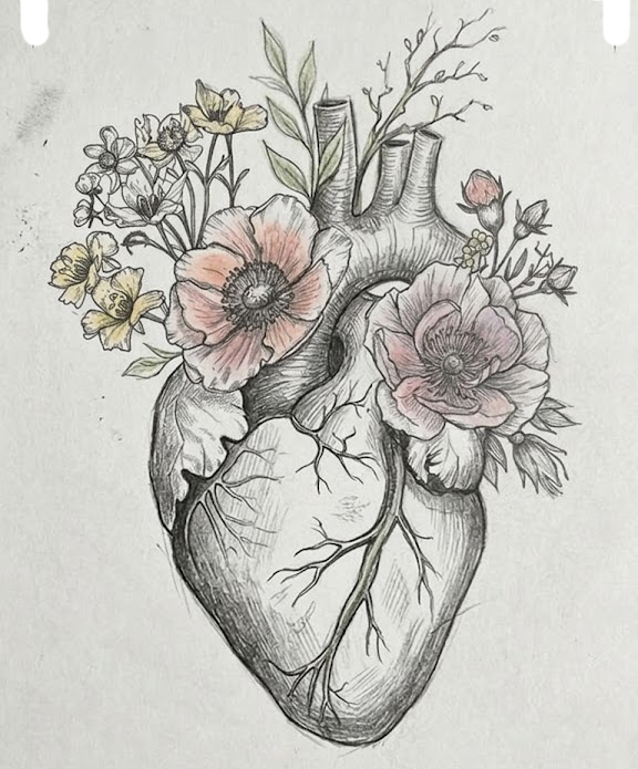 Hand-drawn anatomical heart wreathed in pastel flowers